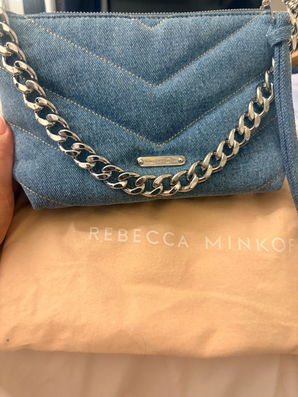Eddie chevron Rebecca Minkoff Light Blue Denim Quilted Chain Crossbody